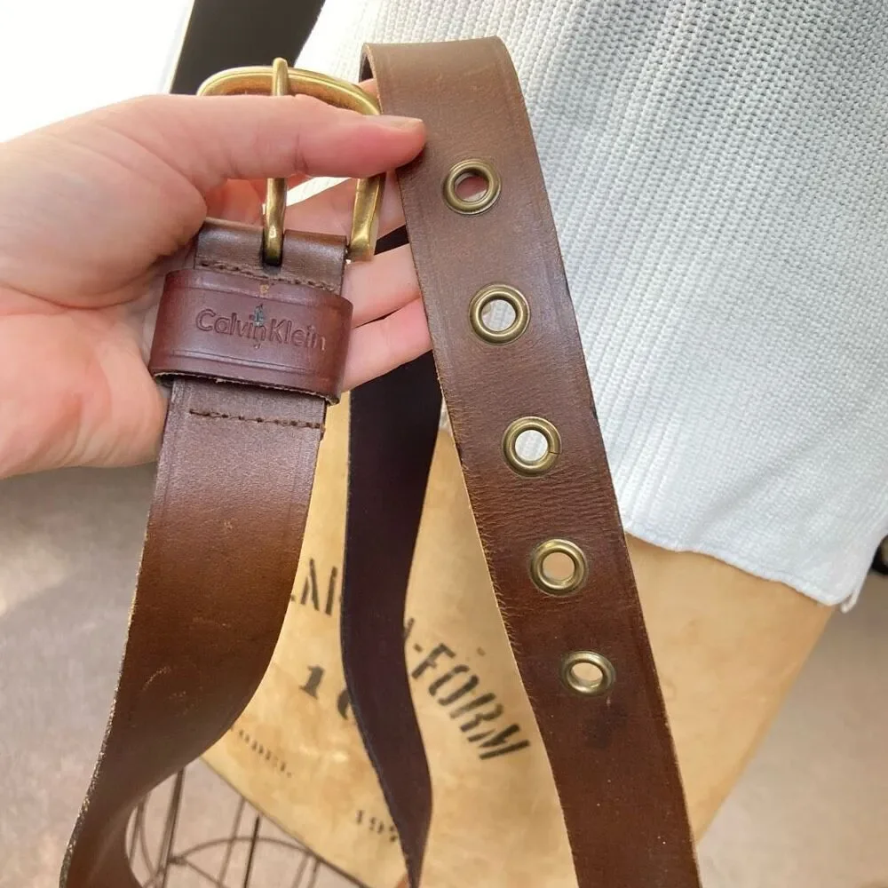 Calvin Klein 90s Y2K Brown Leather Belt with Brass Buckle and Grommits - 33” - 3